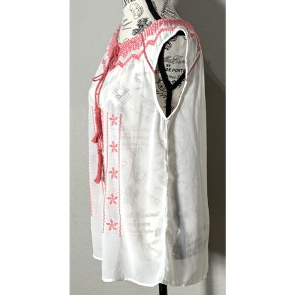 Sfera Peasant Top Womens Medium White & Pink Embroidered Cotton Boho Tank - Picture 2 of 5